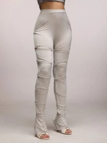 SHEIN SXY 秋季女装扭褶紧身全长打底裤 - 淺灰色 - 查看 3