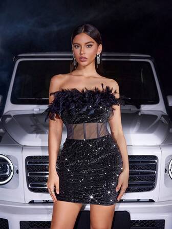 天鹅绒亮片网眼羽毛拼接露背美人鱼拉链后背紧身派对礼服，优雅鸡尾酒半正式舞会礼服，适合生日、婚礼嘉宾、毕业典礼、晚宴、返校节