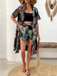 Breezaya Conjunto de 2 peças estampado estilo havaiano para mulheres para o verão - Preto - Visão 4