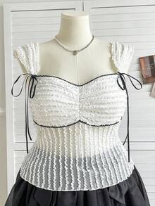 Dreamara 大码女式度假针织面料镂空上衣，胸部褶皱方领上衣 - 白色 - 查看 6