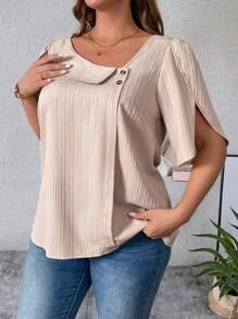 SHEIN Unity Plus Size Women's Solid Color Minimalist Daily Wear Split Cuff Blouse - Khaki - View 3