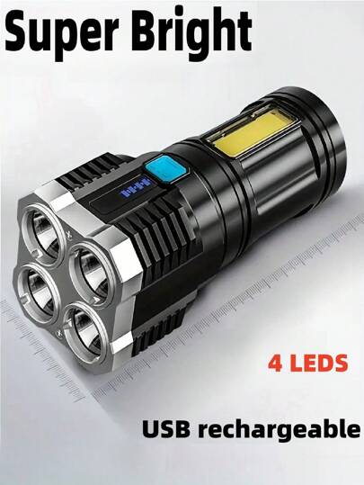1PC USB Rechargeable Flashlight, 4 Led Super Bright Portable, Suitable For Outdoor Camping Emergencies, Power Visualization, With Side Light, Long Beam Distance, Outdoor And Home Use Christmas For Holiday Gift Giving,School Stuff.