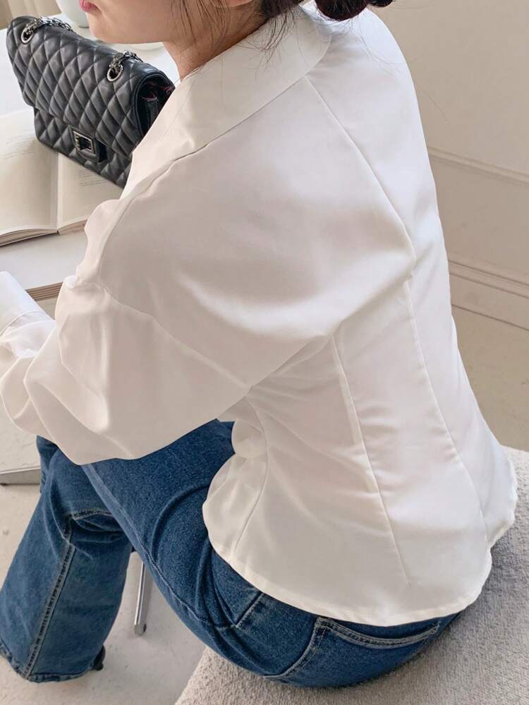 Women Plain V-Neck Blouse, White, Spring/Summer,Fall Clothes Long Sleeve Top