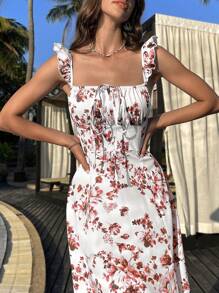 SHEIN VCAY Floral Print High Split Dress For Summer Vacation