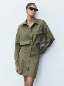 Maija 女士春秋休闲纯色前扣衬衫裙 - 軍綠色 - 查看 1