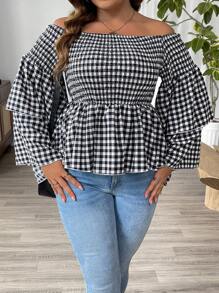 Calvaya Plus Size Off-Shoulder Gingham Ruffled Casual Blouse, Vacation - Black and White - View 3