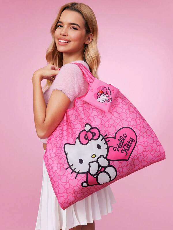 HELLO KITTY AND FRIENDS | SHEIN 1pc Heart Kitty Designed Foldable Reusable Pink  RPET Shopping Bag