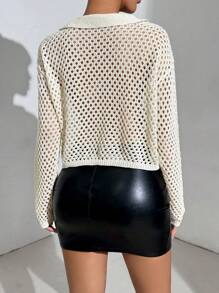 Zolique Women's V-Neck Tie-Up Long Sleeve Hollow Design Casual Cardigan - White - View 2