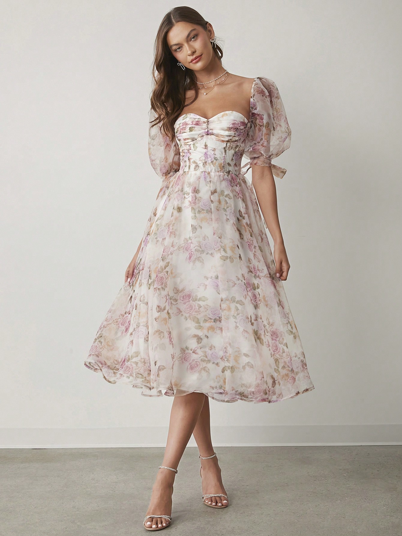 Enchnt Women's Romantic Fall Vacation Flower Printed Mesh Elegant Sweetheart Princess Dress,For Party,Cocktail And Prom & Sweet Date & Everyday Date & Goddess Day & Wedding Dress