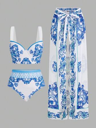 Swim Oasis Damen Bikini Set mit Neckholder Top, rückenfreier Oberseite und anliegenden Shorts & Zugband Allover Muster Hose für den Sommer