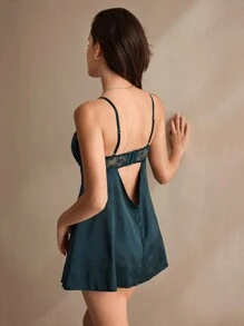 Charlaine 女士蕾丝拼接露背吊带性感内衣连衣裙 - 霧霾藍 - 查看 2