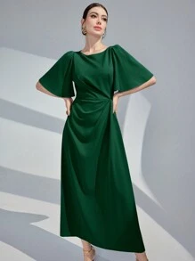 Modelyn Vestido largo de noche de mujer de manga corta con cuello redondo y volantes de unicolor - Verde Oscuro - Ver 3