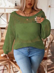 SHEIN Clasi Plus Size Casual Solid Color Hollow-Out Knit Sweater Knit Pullover Fall Winter Outfit - Army Green - View 5