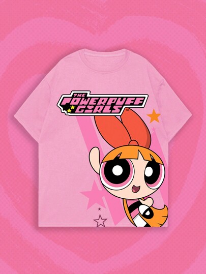 The Powerpuff Girls | ROMWE T-shirt à manches courtes col rond imprimé de dessin animé pour homme, convient pour le port quotidien au printemps et en été, école