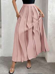 SHEIN Privé Falda larga casual de contraste de color para mujer en primavera y verano - Rosa - Ver 4