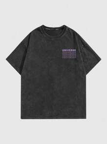 ROMWE MEN Street Life Męski T-shirt z krótkim rękawem i okrągłym dekoltem z nadrukiem w kształcie litery i planety, odpowiedni do noszenia na co dzień wiosną i latem, do szkoły