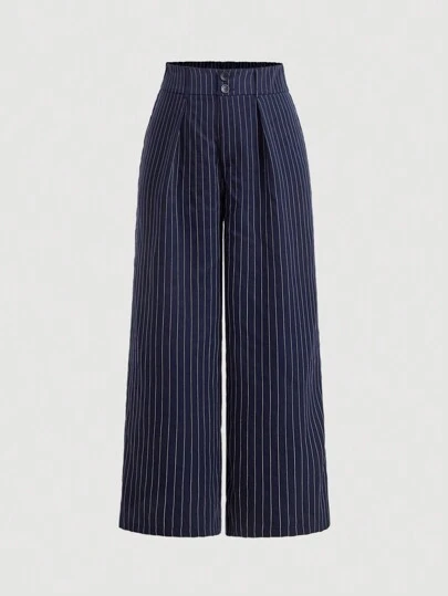 SHEIN MOD Plus Size Women's Blue And White Striped Wide Leg Straight Pants