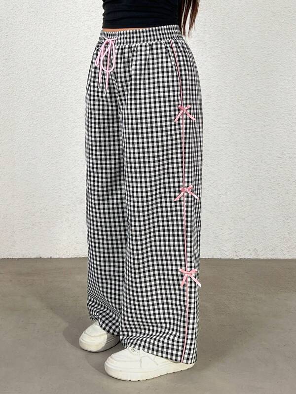 SHEIN EZwear Plus Size Casual Black & White Plaid Contrast Bow Tie Wide Leg Pants