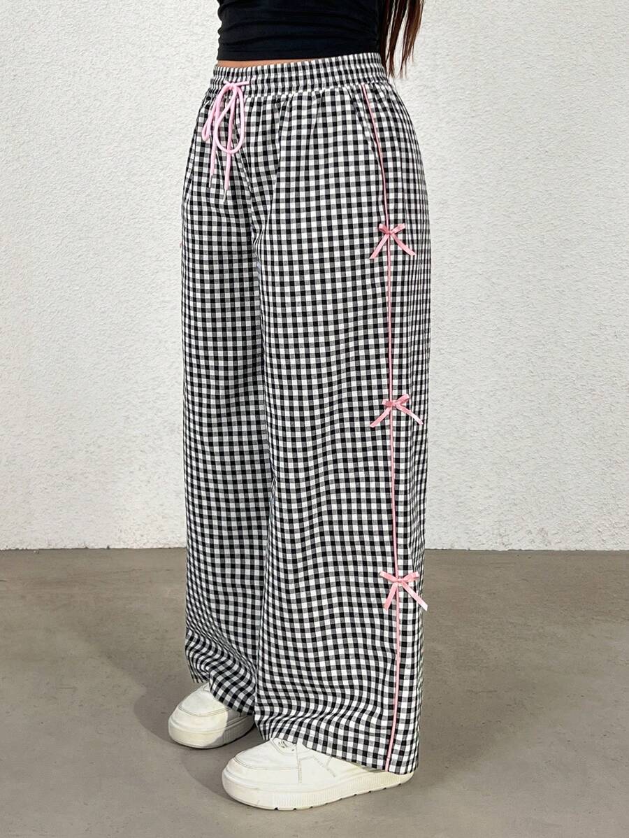SHEIN EZwear Plus Size Casual Black & White Plaid Contrast Bow Tie Wide Leg Pants - Black and White - View 1