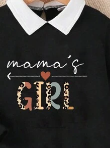 SHEIN 小女孩幼儿“妈妈的女孩”字母印花衬衫领二合一长袖运动衫，春秋季