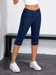 SHEIN EZwear 女士纯色简约日常牛仔裤 - 深色水洗藍 - 查看 4