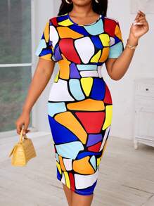 SHEIN Lady Vestidos de talla grande de manga corta, cuello redondo, lápiz y midi de punto de colores, casuales de primavera y verano