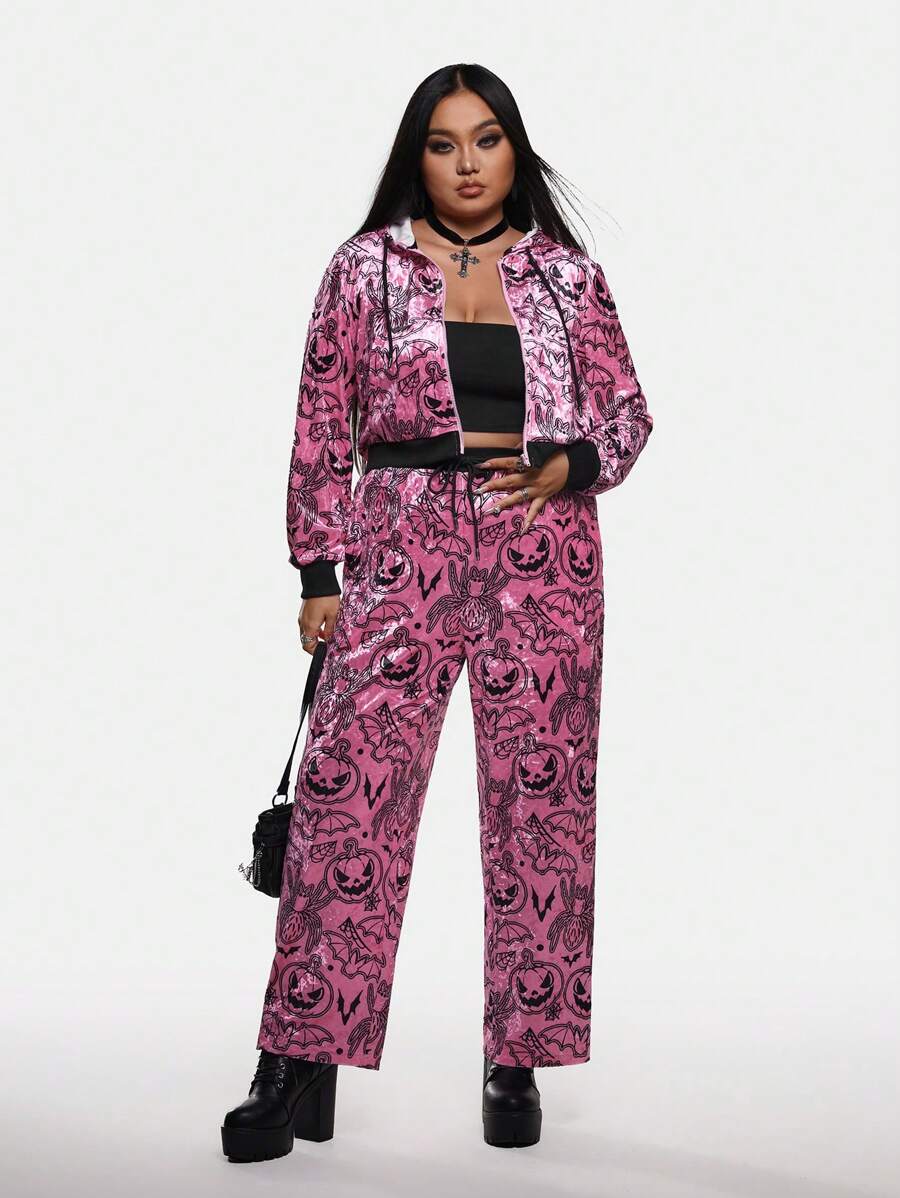 Sonchs Curiosities Artist Plus Size Y2K 万圣节全印花运动裤，女式裤子，适合节日、庆典、西式服装 - 粉色 - 查看 1