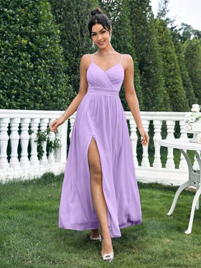 SHEIN Belle Vestido largo elegante para mujer, vestido con abertura y tirantes de espagueti de gasa, ropa de verano para mujer, vestido de cóctel de fiesta, color morado