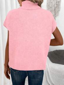EMERY ROSE Women Simple Loose Fit Bat-Wing Sleeve Solid Color Turtleneck Sweater Vest - Pink - View 2
