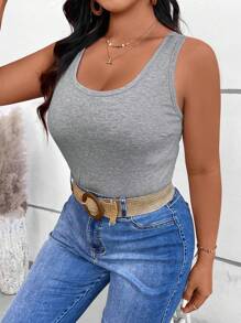 SHEIN VCAY Plus Size Fall/Winter Knit Round Neck Built-In Bra Layering Knit Tank Top