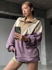 DAZY Sudadera casual de mujer con cuello de polo, de bloque de color en patchwork - Morado - Ver 3