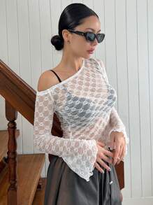 DAZY Cropped Sheer Textured Blouse For Women,Beach Outfits Long Sleeve Women Tops