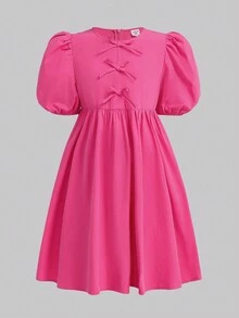 SHEIN Tween 女童休闲宽松蝴蝶装饰圆领泡泡袖迷你连衣裙 - 玫紅色 - 查看 2