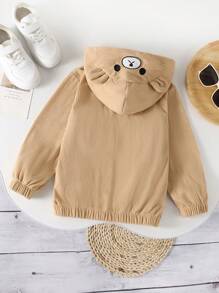 SHEIN Toddler Girls Adorable Corduroy Teddy Bear Embroidered Hooded Zip-Up Jacket - Khaki - View 2