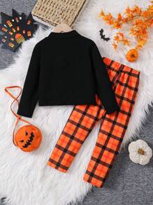 SHEIN Conjunto de 3 peças de bolsa crossbody de abóbora redonda para meninas, com estampa de abóbora de Halloween, gola simulada, manga comprida, leggings xadrez laranja, conjunto de 3 peças, adequado para outono, festa de Halloween, casual, passeios diários, festa, reunião de família, escola, presente de aniversário, piquenique, roupas de irmã combinando