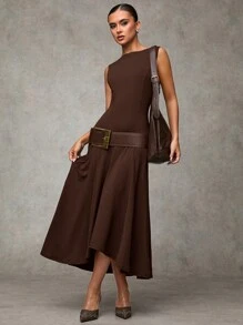 SHEIN BAE 女士纯色圆领无袖优雅夏装