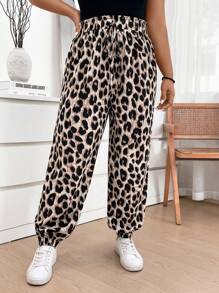 SHEIN LUNE Plus Size Fall Women Vintage Leopard Print Elastic Waistband Pants With Ruffled Cuffs For Casual, Holiday Halloween Clothes Leopard Pants Airport Women Outfits