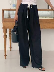 DAZY 女式撞色缝线腰带长裤 - 黑與白 - 查看 6