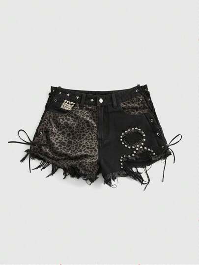 Grunge Punk Shorts vaqueros de talle bajo con estampado de leopardo, parches y tachuelas en estilo sexy y callejero, para la escuela