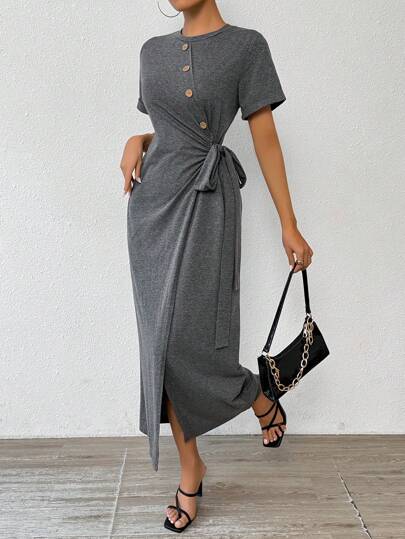 Seusyu Vestido árabe de manga corta con cuello redondo y nudo, de unicolor, perfecto para la playa, uso casual, vacaciones, eventos nocturnos u otras ocasiones formales