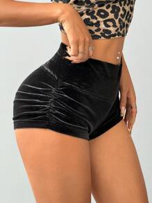 SHEIN EZwear Quần legging nhung xếp li màu trơn tối giản hàng ngày dành cho nữ - màu đen - Xem 3