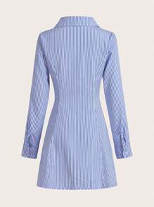 SHEIN Unity Zip-Front Fitted Stripe Shirt Dress For Women - Blue and White - View 2