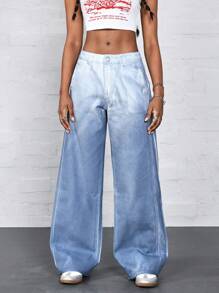 SHEIN ICON Women's Front Button Closure, Multi-Pocket, Ombre Washed Casual Denim Pants Low Rise Straight Leg Jeans