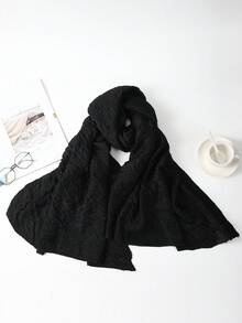 女士纯色褶皱长围巾/披肩 - 黑色 - 查看 2