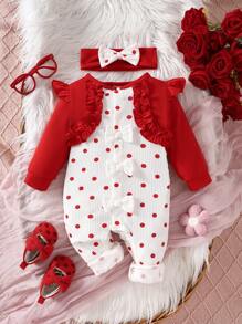 SHEIN Baby Girl Colorblock Polka Dot Printed Bow Decor Jumpsuit With Matching Headband - Red - View 1