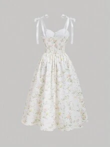 SHEIN MOD Plus Size Floral Bowknot Shoulder Tie Bustier Style Sundress,Beach Dress Sundress,Holiday Outfits Boho,Corset Dress,Birthday Dresses For Women