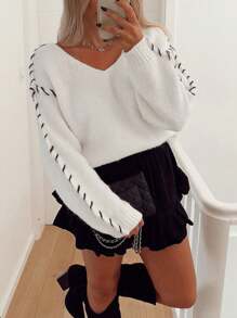 Chiquease Maglione casual oversize con scollo a V e dettagli in maglia, adatto per autunno/inverno