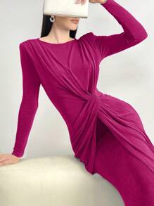 Modelyn Women's Round Neck Sweat Wipe To Fix Your Waist Tie Knot Elegant Gentle And Elegant Dress Long Evening Dresses