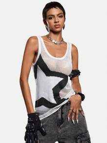 Umamao Estudio Artist Spring & Summer Casual Contrast Color Hollow-Out Star Pattern Knit Sweater Vest, For Holiday, Vacation, Festival, Ibiza Fits - Black and White - View 4