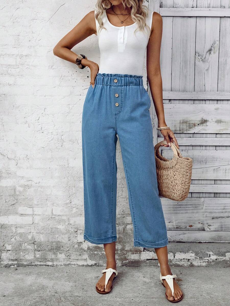 SHEIN LUNE 女士荷叶边腰部口袋阔腿宽松休闲牛仔裤